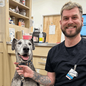 UrgentVet employee with large smiling dog UrgentVet employee with large smiling dog